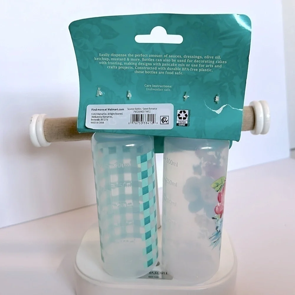 Pioneer Woman Plastic Dispenser Bottle Sweet Romance & Teal Check 2Pc Set New